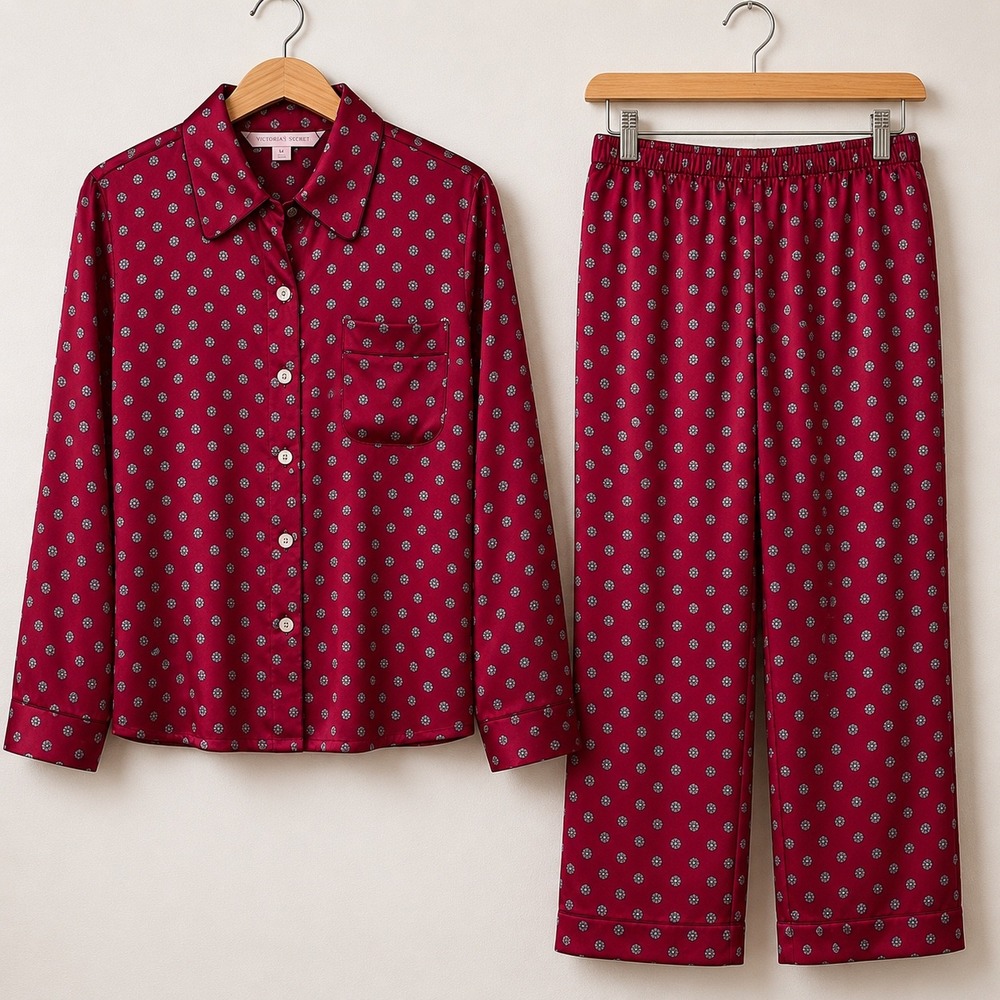 Victoria's Secret Burgundy Satin Sleep Set with Light Blue Dot Print